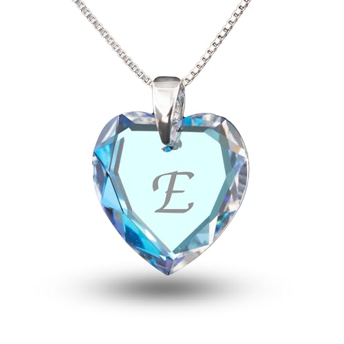 Kinderkette 925 Silber mit SWAROVSKI ELEMENTS Herzanhänger Farbe Blue AB und Gravur Buchstabe E als Geschenk oder zum Geburtstag von Kristallwerk