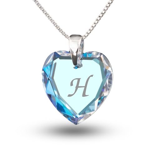 Individuelle Kinderkette 925 Silber erstellt mit Swarovski Elements Herzanhänger Farbe Blue AB und Gravur Buchstabe H als Geschenk oder zum Geburtstag von Kristallwerk