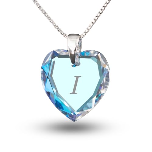 Kinderkette 925 Silber mit SWAROVSKI ELEMENTS Herzanhänger Farbe Blue AB und Gravur Buchstabe I als Geschenk oder zum Geburtstag von Kristallwerk