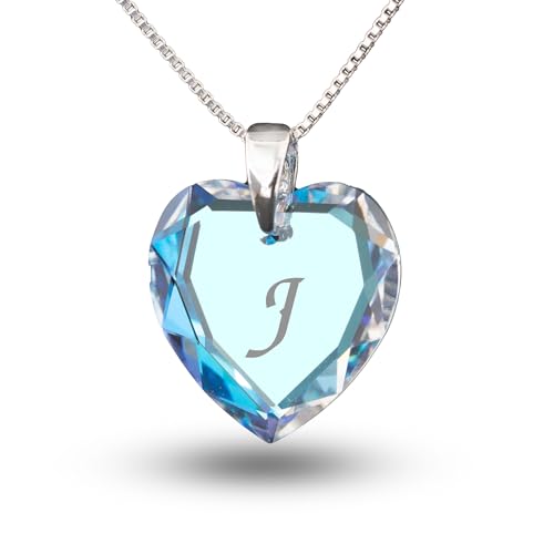 Kristallwerk Kinderkette 925 Silber mit Swarovski Elements Herzanhänger Farbe Blue AB und Gravur Buchstabe J als Geschenk oder zum Geburtstag von Kristallwerk