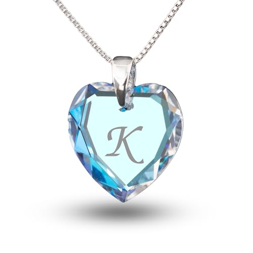Individuelle Kinderkette 925 Silber erstellt mit Swarovski Elements Herzanhänger Farbe Blue AB und Gravur Buchstabe K als Geschenk oder zum Geburtstag von Kristallwerk