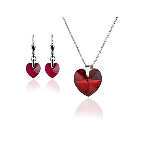 Kristallwerk Damen Silberschmuck Set 925 Sterling Silber mit Swarovski®Elements Herz Anhänger Farbe Rot von Kristallwerk