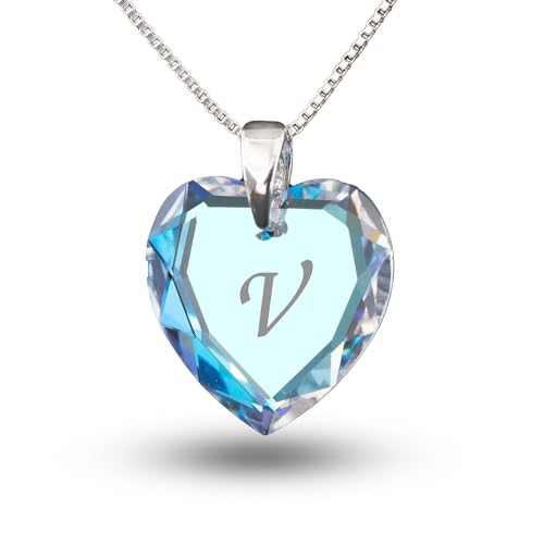 Kristallwerk Kinderkette 925 Silber mit Swarovski Elements Herzanhänger Farbe Blue AB und Gravur Buchstabe V als Geschenk oder zum Geburtstag von Kristallwerk