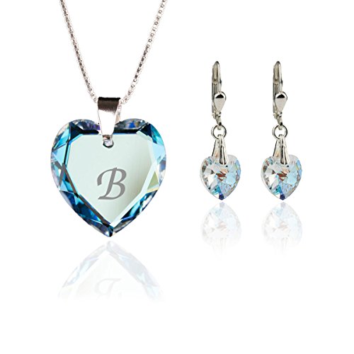 Kristallwerk Schmuckset, Kette und Ohrringe 925 Silber mit Swarovski Elements Herzanhänger Farbe Blue AB und Gravur Buchstabe B von Kristallwerk