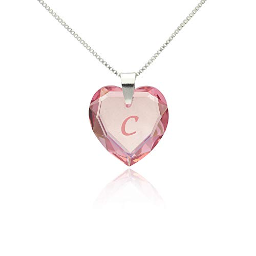 Lieblingsstück, Kinderkette 925 Sterling Silber mit SWAROVSKI ELEMENTS Herz Anhänger Farbe Rosé AB und Buchstabengravur C, Herzkette Kinderschmuck zum Geburtstag oder als individuelles Geschenk von Kristallwerk