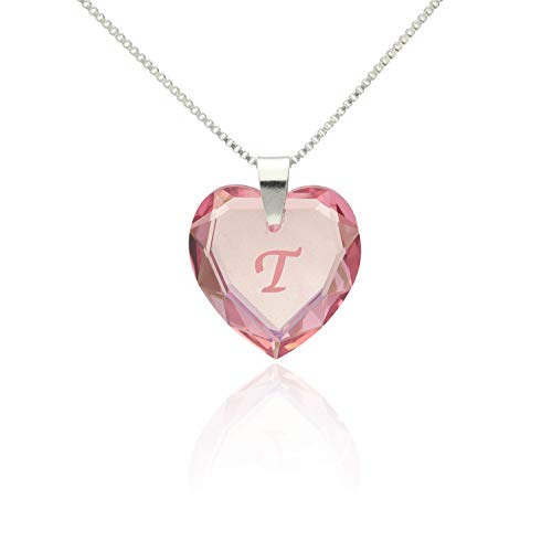 Lieblingsstück, Kinderkette 925 Sterling Silber mit SWAROVSKI ELEMENTS Herz Anhänger Farbe Rosé AB und Buchstabengravur " T ", Herzkette als Geschenk für die Frau, Freundin oder zum Valentinstag von Kristallwerk