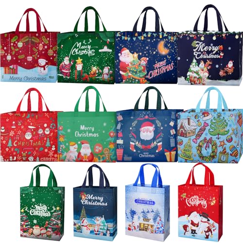 12 Stück Geschenktüten Weihnachten Groß, Non Woven Weihnachtstaschen Weihnachtstüten mit Griffen, Wiederverwendbare Weihnachtsgeschenktüten, Weihnachts Geschenktüten, 32.5 x 25 x 17 cm von Kristen