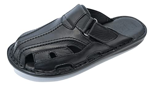 Kristian Shoes 014 Hausschuhe Herren Klettverschluss - Handgefertigte Leder Pantoffeln Herren, Sommer Flip Flops - Hochwertige Verarbeitung, EU Herstellung - Schwarz 44 von Kristian Shoes
