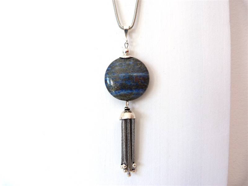 Lange Silberkette Mit Anhänger Aus Lapislazuli Und Silberquaste, Lapisanhänger Quaste Sterlingsilber, Silberschmuck, Lange Halskette von KrisztinaSchmuck