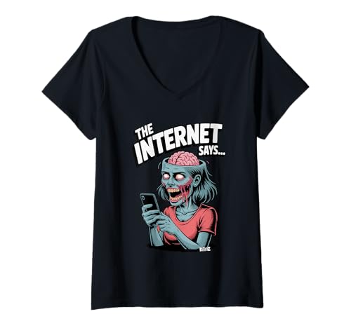Damen Smartphone Zombie Digitale Satire Design T-Shirt mit V-Ausschnitt Damen Smartphone Zombie Digitale Satire Design T-Shirt mit V-Ausschnitt von Kritik an der Internet und Scroll-Kultur