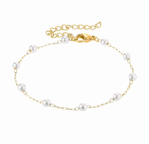 Kritz Damen Armband Perlen Rund 6 mm - Perlenkette weiße Silber o Gold plattiert für Frauen - Perlenarmband - Schmuck Pearls Armkette Geschenke (Armband Perlen in Abständen) von Kritz