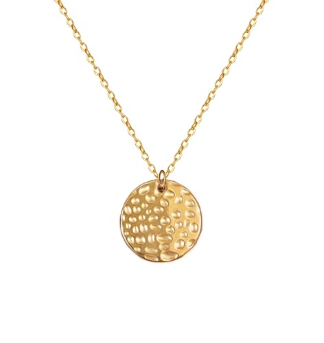 Kritz Damen Halskette Scheibe Gehämmert Scheibe Sonne Gold - Schmuck Anhänger Rund Disk Sonnenschein Vergoldet 18K mit Verstellbare Kette - Modisches Geschenenk für Frauen (Gehämmerte Scheibe) von Kritz