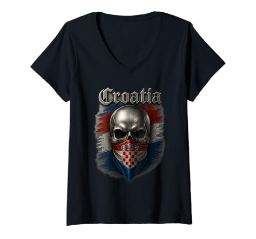 Damen Aggressiver Kroatien Totenkopf - Hrvatska T-Shirt mit V-Ausschnitt von Kroatien Flagge, Tshirts & Co.