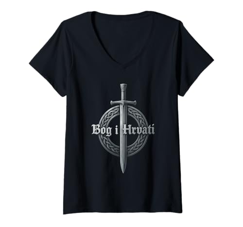 Damen BOG I HRVATI - Kroatischer Spruch mit Schwert T-Shirt mit V-Ausschnitt von Kroatien Flagge, Tshirts & Co.