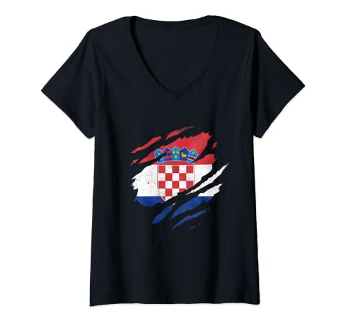 Damen Kroatische Fahne Hrvatska Kroatisch Hrvati Flagge Kroatien T-Shirt mit V-Ausschnitt Damen Kroatische Fahne Hrvatska Kroatisch Hrvati Flagge Kroatien T-Shirt mit V-Ausschnitt von Kroatien Flagge Motive Für Männer & Frauen