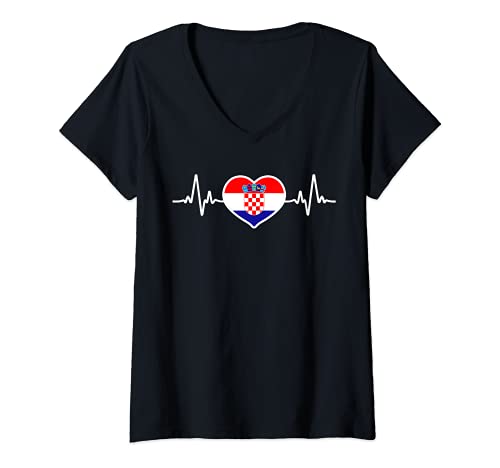Damen Kroatien Herzschlag. T-Shirt mit V-Ausschnitt Damen Kroatien Herzschlag. T-Shirt mit V-Ausschnitt von Kroatisch & Kroatisches Geschenk