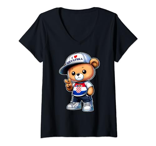 Damen I LOVE CROATIA Hrvatska Kroatien Teddybär Trikot T-Shirt mit V-Ausschnitt von Kroatische Flagge und kroatische Geschenke