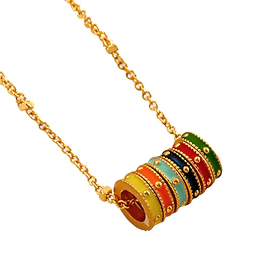 Bunte Halskette mit rundem Anhänger mit 7 glasierten Ringen, mattes Finish, verstellbare Kupferkette, Retro-inspirierter Schmuck für den täglichen und trendigen Gebrauch von Kronabelle