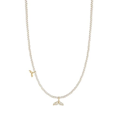 Goldfarbene Perlenkette für Frauen mit verstellbarem Fischschwanz-Anhänger, Zirkonia und Kunstperlen, 40 cm + 4 cm von Kronabelle