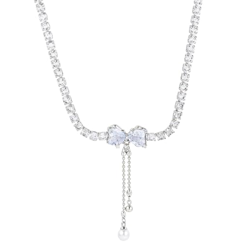 Halskette aus Sterlingsilber mit Strass-Schmetterling und Kunstperlen, 4 cm Quastenkette, ideal für den täglichen Gebrauch und besondere Anlässe von Kronabelle