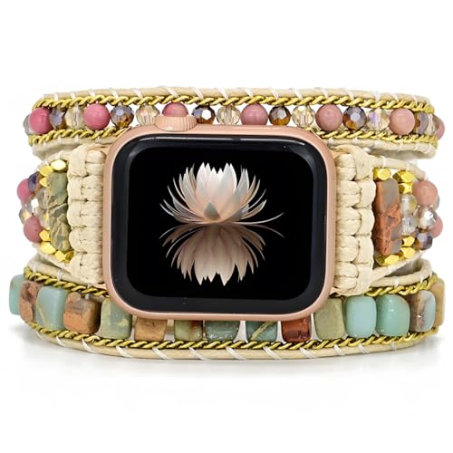 Handgewebtes Boho-Uhrenarmband, Naturstein-Armband, passend für 38–41 mm, verstellbare Größen, mehrlagiges Design von Kronabelle
