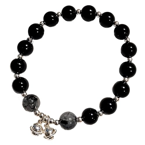 Heilstein-Stretch-Armband, schwarzes Obsidian-Armband mit Sterlingsilber-Glocken-Charms für Frauen, 16,3 cm Umfang, natürlicher schwarzer Obsidian-Kristall-Armband von Kronabelle