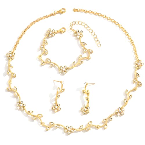 Hochzeitsschmuck-Set für Damen, Goldschmuck für Bräute, blattförmige Halskette und Ohrringe, Set mit Armband, Zinklegierung und Strasssteinen, verstellbare Größen von Kronabelle