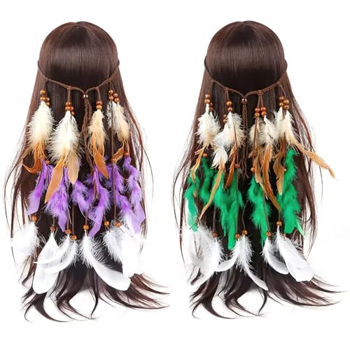 Kronabelle 2-teiliges böhmisches Feder-Stirnband und grüne Feder-Kopfschmuck-Set, Kunstfaser-Kopfschmuck für Halloween von Kronabelle