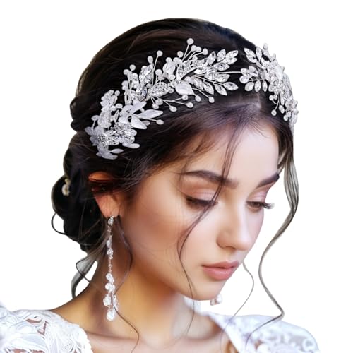 Kronabelle Floral Silber Stirnband für Braut mit Strass und Kunstperlen Blatt Motiv Hochzeit Haarteil Elegant Braut Accessoire von Kronabelle
