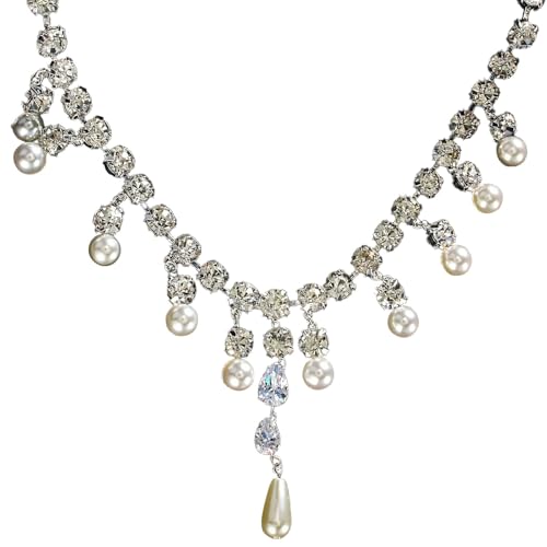 Kronabelle Verstellbare silberne Perlenkette mit Kunstperlen und Kristallen, Gothic-Stil, elegantes mehrschichtiges Design von Kronabelle