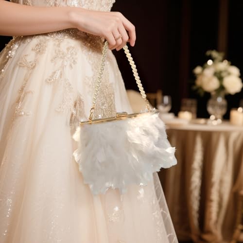 Kronabelle Weiße Feder-Clutch für Damen, Abendtasche mit Perlenkette und goldfarbenem Metallrahmen, Crossbody- oder Handheld-Stil, elegantes Accessoire für Partys, Hochzeiten und besondere Anlässe von Kronabelle
