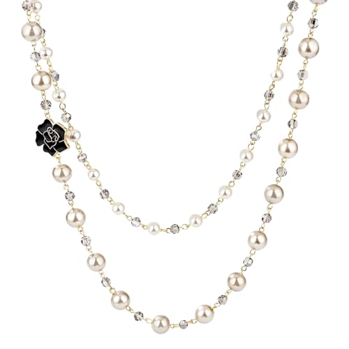Lange Halskette im böhmischen Stil mit geschichteten Kunstperlen, schwarzer Rosen-Anhänger, K-Stahl, galvanisiert für Glanz, Wintermodeschmuck von Kronabelle