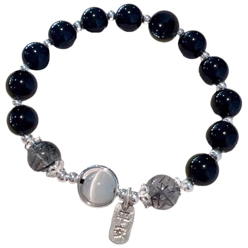 Obsidian-Armband mit schwarzem Rutilquarz, weißen Katzenaugen-Perlen, silbernen Akzenten und Sternenanhänger, vielseitiges Modestück, Einheitsgröße, Obsidian + Silber, kein Edelstein, 15 cm von Kronabelle
