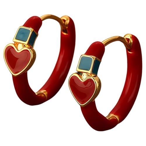 Rote Herz-Ohrringe mit goldfarbenem Rand, quadratischer blauer Akzent, leichtes Kupfer, Emaille-Herz-Design für den täglichen und besonderen Anlass von Kronabelle
