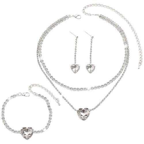 Silber Strass Halskette Set mit Herz Anhänger Ohrringe Armband Länge verstellbar 3-teiliges Set für Hochzeit Events von Kronabelle