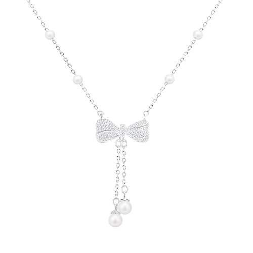 Silberfarbene Schmetterlings-Halskette für Frauen mit Kunstperlen-Quasten, elegantes Schleifen-Design, 45,7 cm + 5,1 cm verstellbare Kette, perfekt für Hochzeiten und Geschenke von Kronabelle