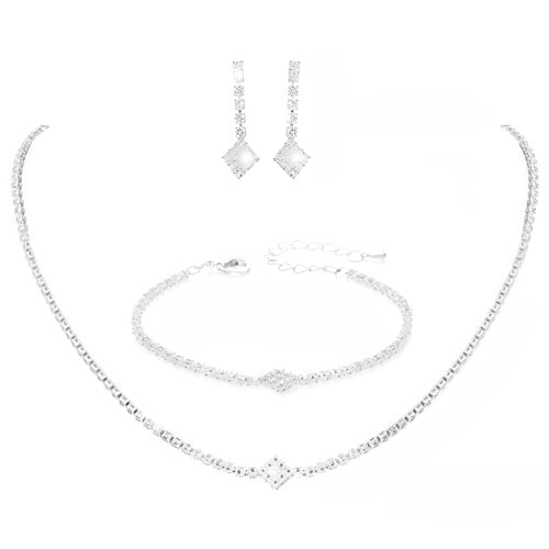 Silbernes Hochzeitsschmuck-Set mit Strass-Halskette, Ohrringen und verstellbarem Armband, perfekt für Brautkleidung und als Geschenk von Kronabelle