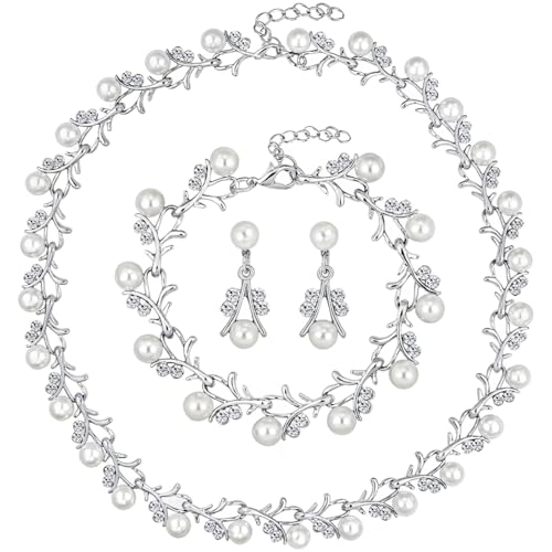 Silberperlen-Schmuck-Set für Damen, Halskette, Armband und Ohrringe mit verstellbaren Verschlüssen, elegantes und zeitloses Design von Kronabelle