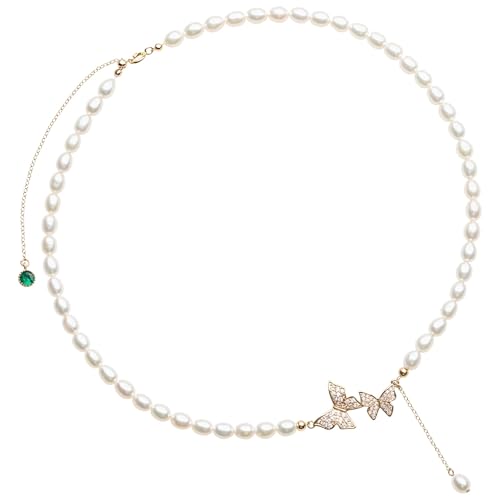 Verstellbare Schmetterlings-Halskette für Damen, vergoldetes Kupfer mit Kunstperlen, 39 cm + 3 cm, mit schwarzer Box von Kronabelle