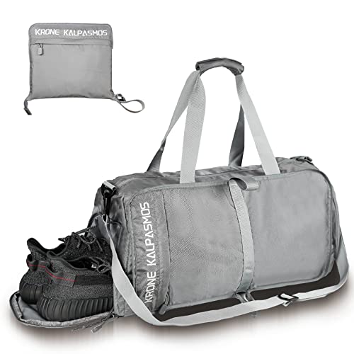 Krone Kalpasmos Kleine Sporttasche, 45L verstaubare Sporttasche für Herren, Turnbeutel für Herren mit Schuh- und Nassfach für Übernachtung, Reisen, leichte wasserdichte Reisetasche (grau) von Krone Kalpasmos