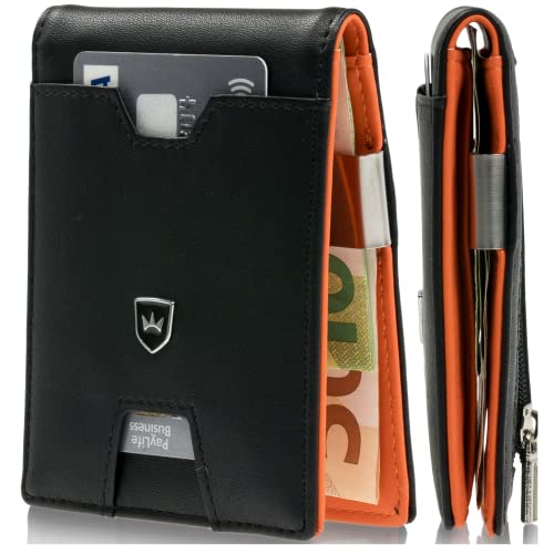Kronenschein® Slim Wallet mit Münzfach & RFID Schutz I Geldbörse Herren & Damen klein I Portmonee mit Geldklammer I Mini Geldbeutel Karten Portemonnaie (MIT 6 Fächer & Münzfach, Schwarz-Orange) von Kronenschein