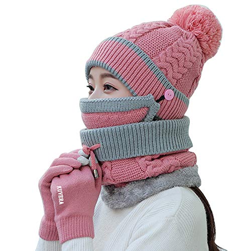 Krrinnhy Damen Mütze Schal Set mit Mundschutz und Handschuhe 4 in 1 Wintermütze Winddicht Strickmütze Warme Weiche Beanie Mütze mit Bommel für Damen Herren Halswärmer Outdoor Radfahren,Rosa von Krrinnhy