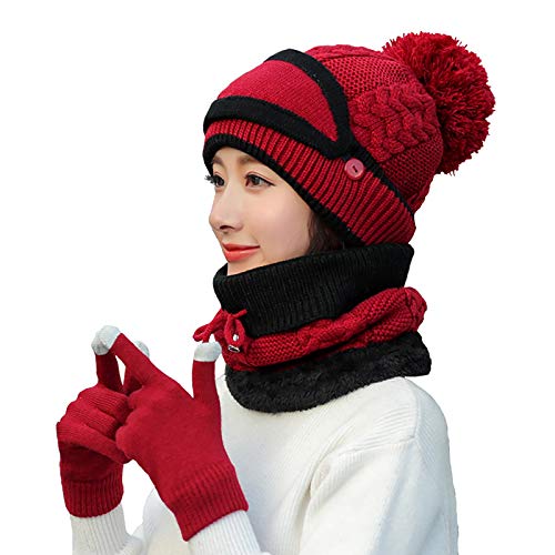 Krrinnhy Damen Mütze Schal Set mit Mundschutz und Handschuhe 4 in 1 Wintermütze Winddicht Strickmütze Warme Weiche Beanie Mütze mit Bommel für Damen Herren Halswärmer Outdoor Radfahren,Rot von Krrinnhy