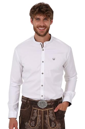 Krüger Dirndl Trachtenhemd Ryan weiß | Hemd mit Stehkragen und farbigen Details | Herrenhemd Langarm (DE/NL/SE/PL, Alphanumerisch, XXL, Regular, Regular, weiß braun) von Krüger Dirndl