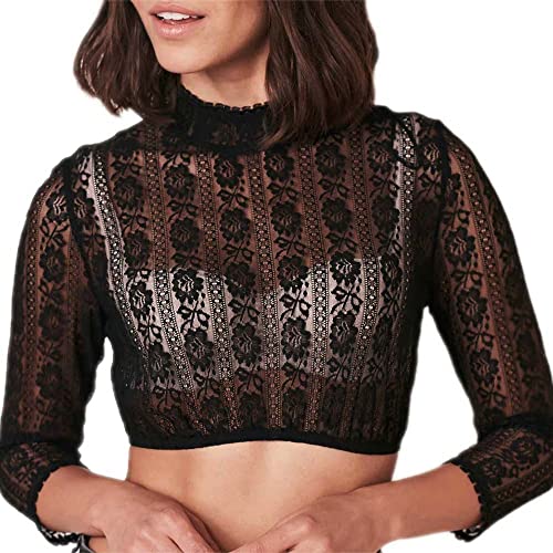 Krüger Dirndlbluse Maelle aus Spitze | hochgeschlossen Langarm dreiviertelarm | Damen Spitzenbluse | schwarz Gr. 48 von Krüger Dirndl