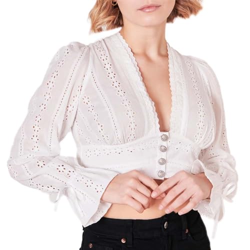Krüger Collection Dirndlbluse Daje | Lochmuster Bluse mit tiefem V-Ausschnitt | Langarm (DE/NL/SE/PL, Numerisch, 38, Regular, Regular, Ecru) von Krüger