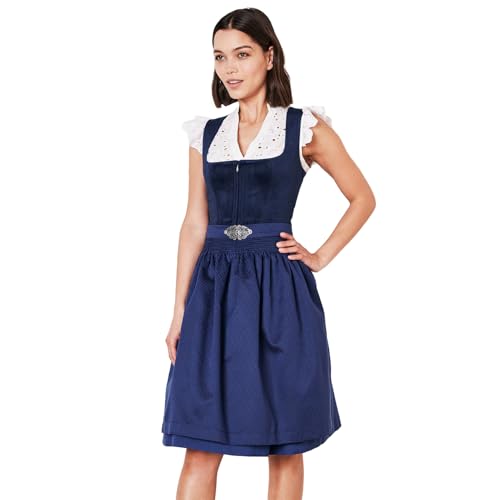 Krüger Dirndl Alisha 60cm Länge Knielang | Eleganten Samt-Dirndl mit gemusterter Dirndlschürze | Damen (DE/NL/SE/PL, Numerisch, 34, Regular, Regular, dunkelblau) von Krüger