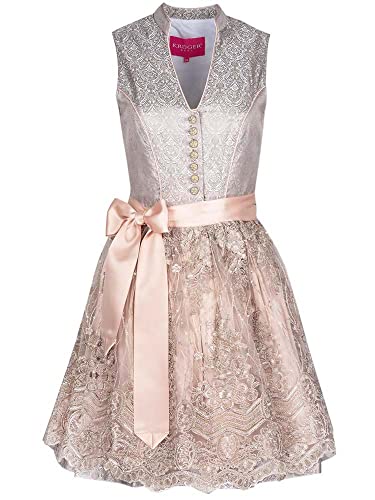 Krüger Dirndl Damen Nala 412064 | hochgeschlossen mit V-Ausschnitt | 50cm Länge kurz grau | Jacquard Spitze 38 von Krüger