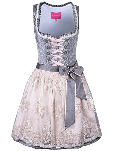 Krüger Dirndl Damen Nelia 417762 | kurz 50cm Länge hellgrau beige | Jacquard Spitzenschürze Gr 38 von Krüger