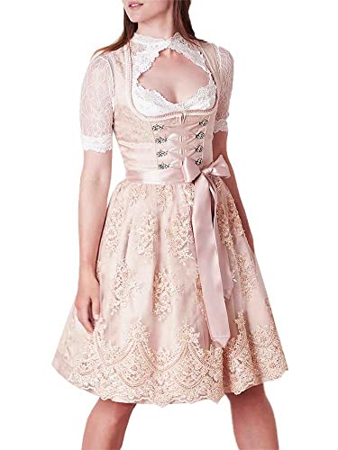 Krüger Dirndl Damen Sharon 104861 | Knielang 60cm Länge Natur rosa | Jacquard Spitze Kunstperlen Gr 46 von Krüger